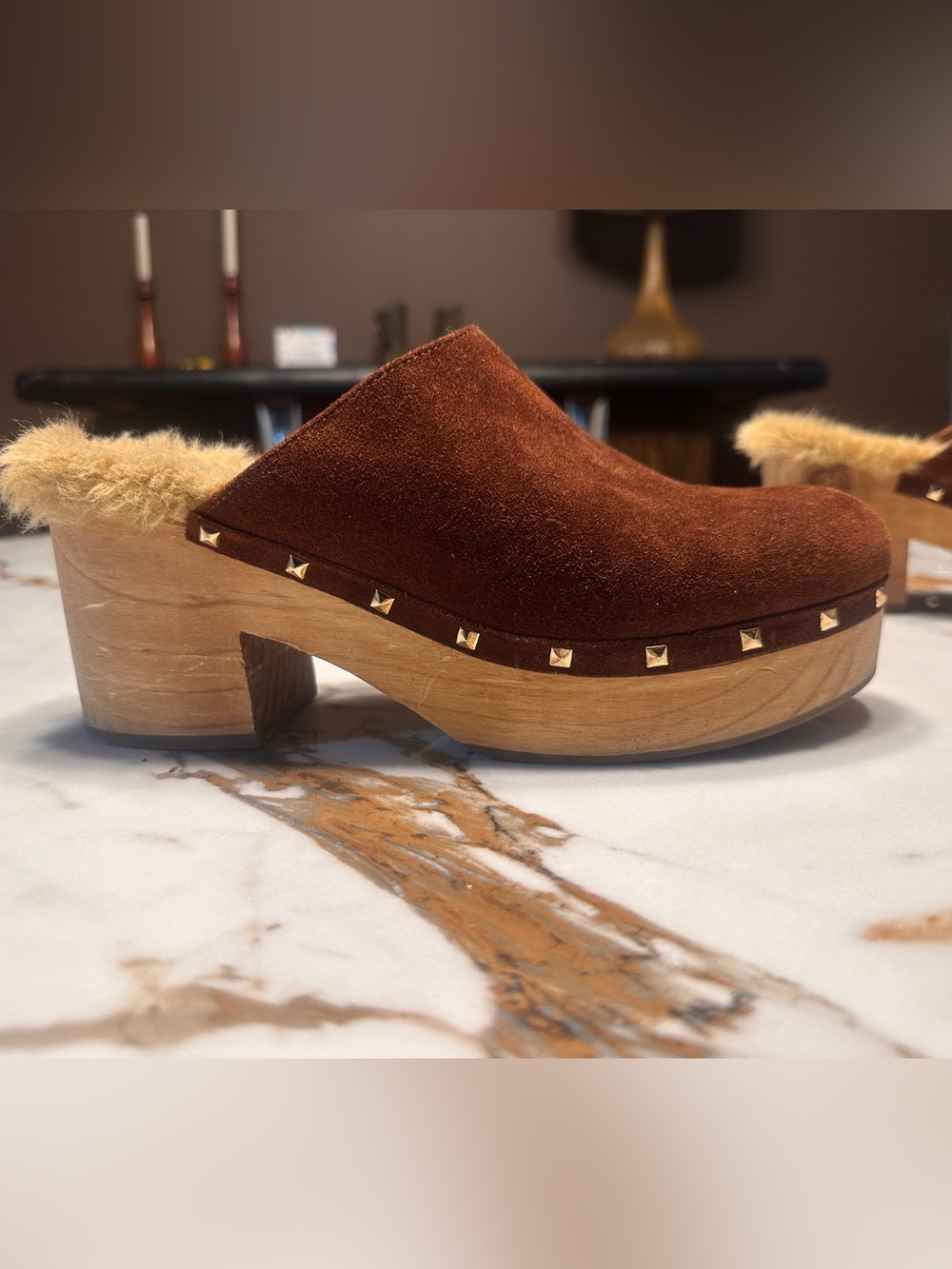 Brown Suede Fur-Trim Clog Mules with Studded Trim
